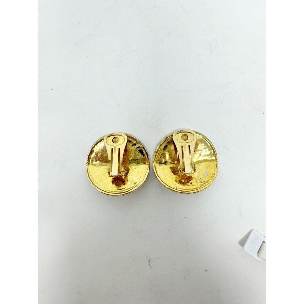 Chanel Pair of Gold Plated Black Metal Clip On Earrings Interlocked C Logo Round - Picture 5 of 5